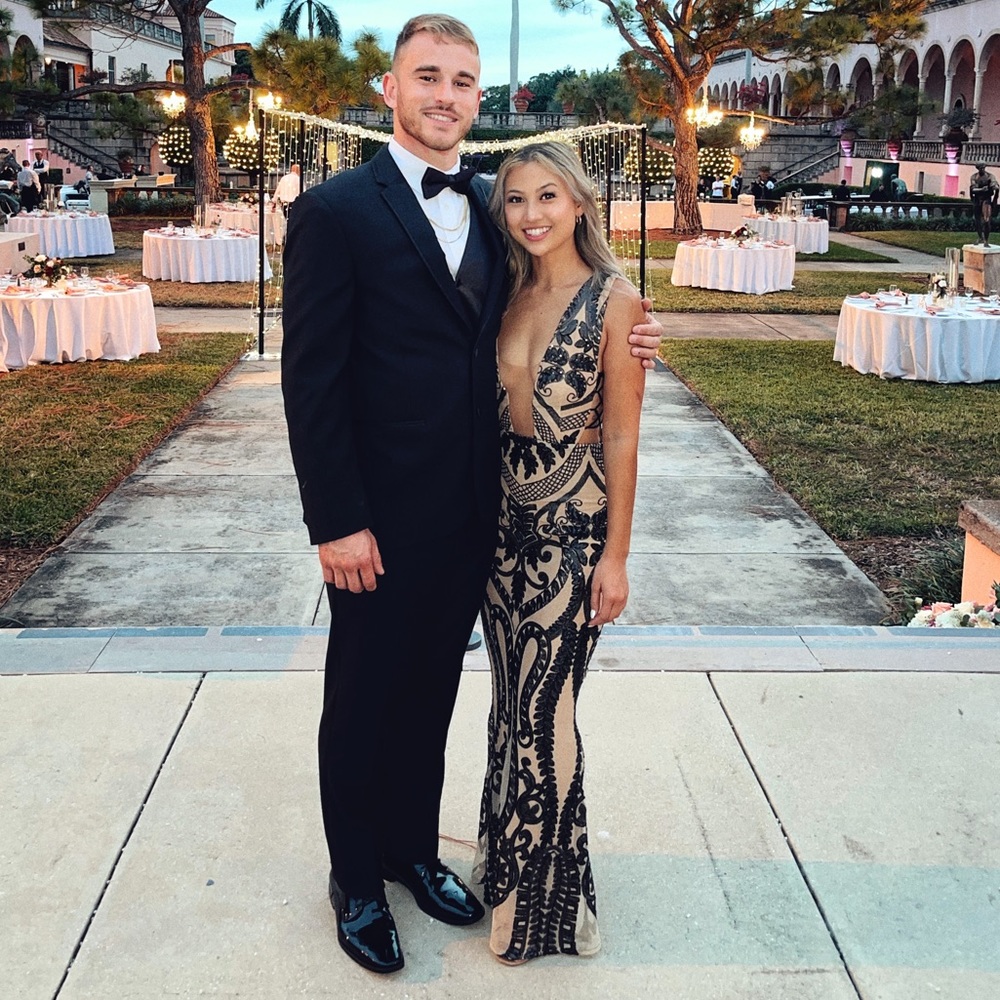 Incredible formal nude gown with black sequins. Heavy, great quality